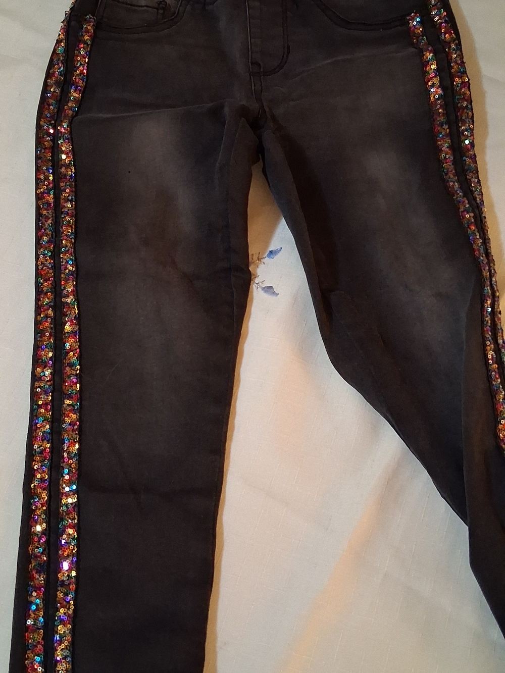 wonder nation Black Skinny Jeans with Multicolor Sequin Side Stripes 260938  7/8